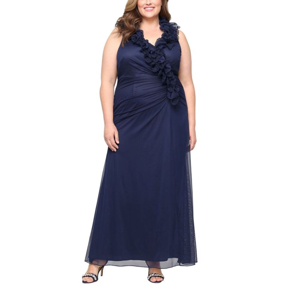 Alex Evenings Womens Plus Size V-Neck Mesh A-Line Dress 20W Navy - NWT $289